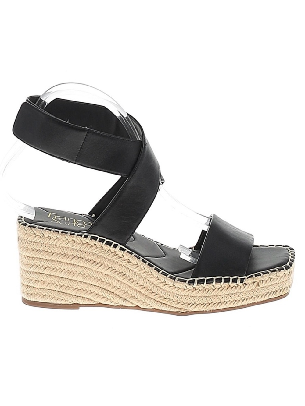 Franco Sarto Black Leather Espadrille Wedge Sandals with Jute Wrap